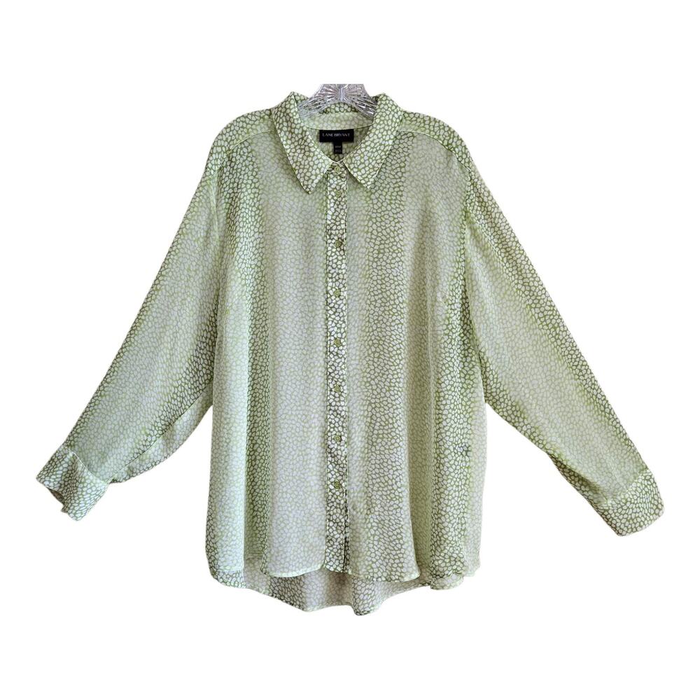 Lane Bryant Women's Plus 22 24 Tunic Blouse Semi Sheer Lime Green White Dots 54"